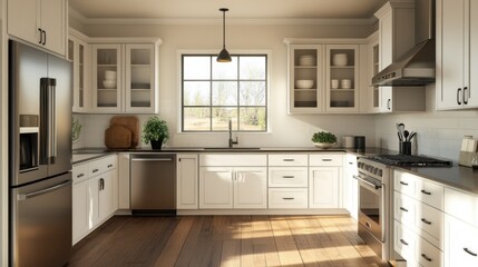 A sunlit kitchen with white cabinets, dark countertops, and stainless steel appliances.