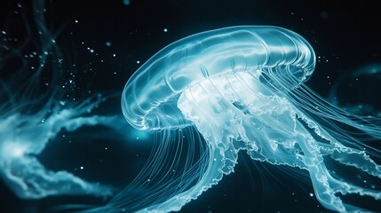 Naklejka premium Anatomy of jellyfish detailed view of bell and tentacles marine biologist with underwater camera deepsea setting