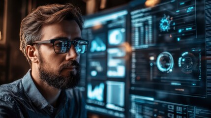 A tech expert using AI-powered software to analyze data on a futuristic interface.