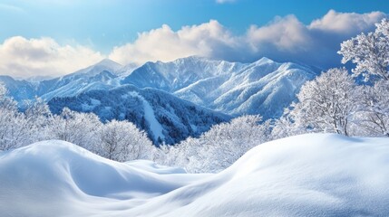 Obraz premium Snow-covered mountain landscape in winter, serene and cold.