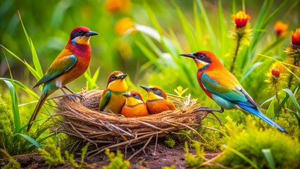 Obraz premium Nesting Birds on the Ground in Natural Habitat with Soft Grass and Surrounding Vegetation Nearby