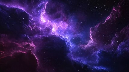Fototapeta premium A vast nebula in deep space, with glowing purple and blue gases illuminated by starlight.