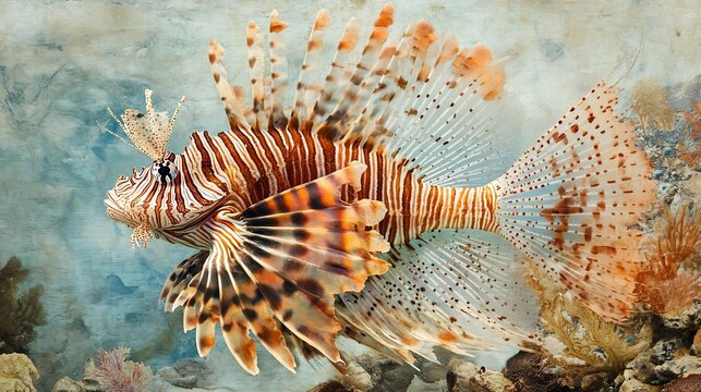 Anatomy of lionfish detailed view of fins and venomous spines marine biologist with underwater camera reef setting