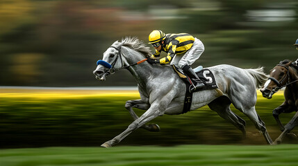 A grey horse racing with a jockey in vibrant colors.