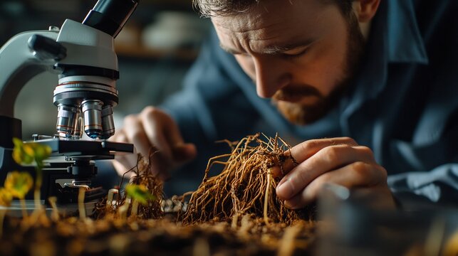 Anatomy of plant root system cellular structure under a microscope botanist with soil samples research lab setting