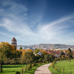 Germany, Stuttgart panorama view. Beautiful houses in autumn, Sky and nature landscape. Vineyards in Stuttgart - colorful wine growing region in the south of Germany with view over Neckar Valley