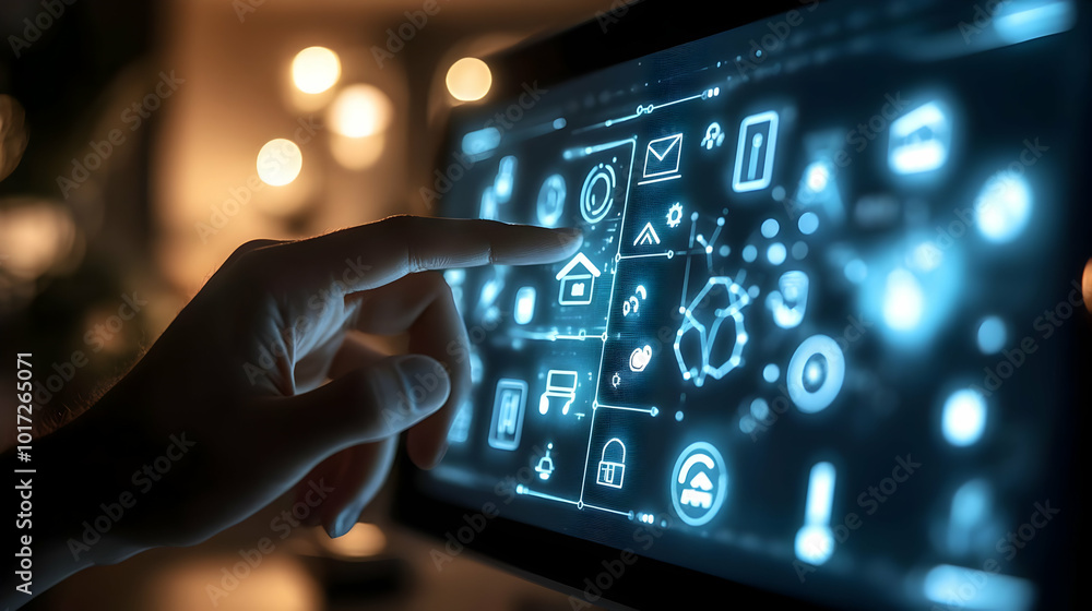 Poster a hand interacts with a futuristic touchscreen interface displaying icons.
