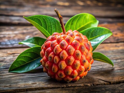 On a rustic wooden surface, a vibrant awara fruit displays its distinct texture and colorful appearance, offering a