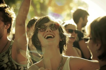 Crowd of people partying at a music festival on a sunny day