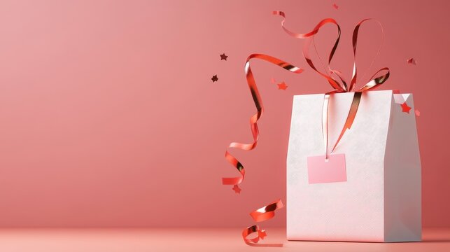 Custom name tag, festive ribbon on personalized gift bag with 3D design.