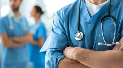 A detailed close-up of a healthcare professional in scrubs with arms crossed