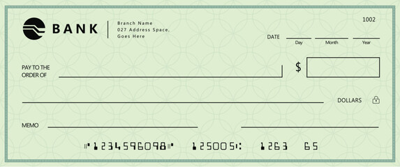 Bank check, vector blank money cheque, checkbook template with guilloche pattern and fields. Currency payment coupon, money check background	