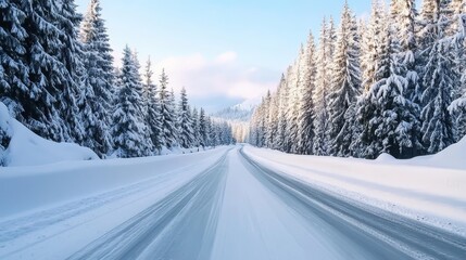 Fototapeta premium Pristine winter scene: Snowy road winding through pine forest
