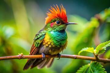 Fototapeta premium Perched on a branch, the bright tufted coquette bird is surrounded by lush greenery, showcasing the splendor of