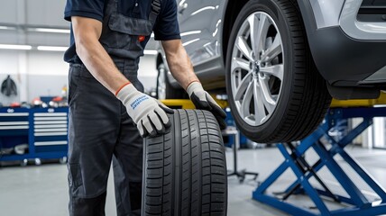 Skilled Mechanic Changing Tire in Modern Auto Workshop