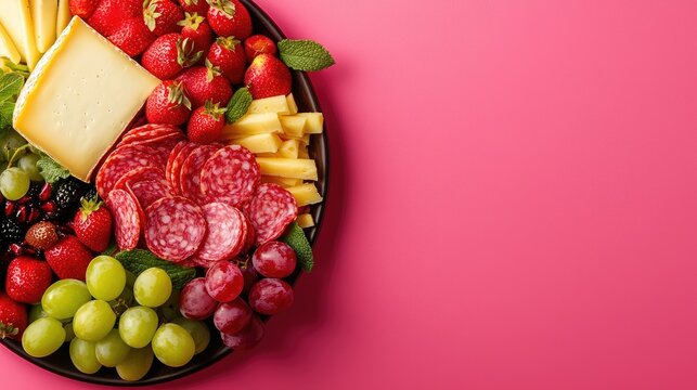 Colorful platter featuring assorted fruits, cheese, and meats on vibrant background.
