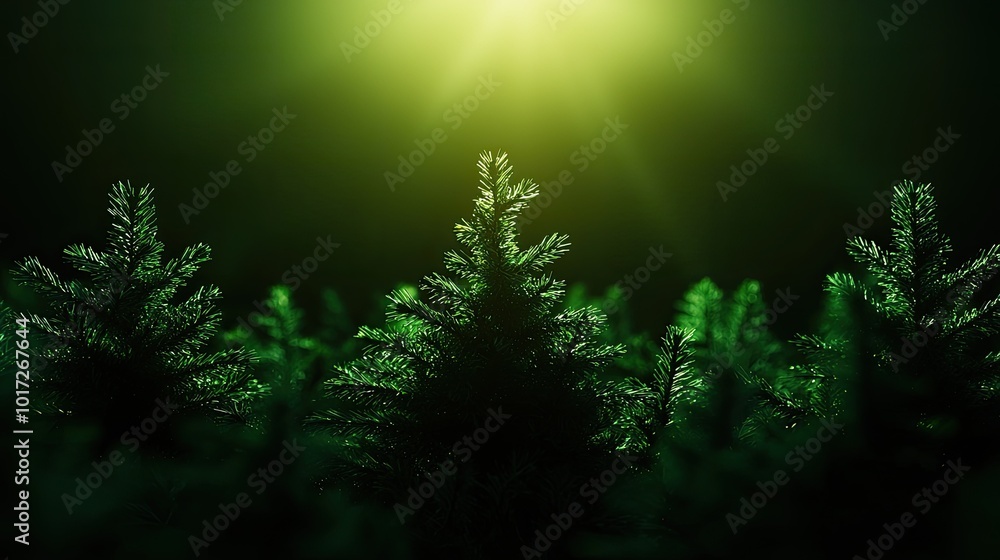 Poster foliage illuminated by soft light creating a serene forest atmosphere.