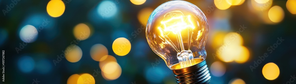 Poster illuminating light bulb glowing in a soft, blurred background with bokeh effect.