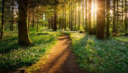Golden Sunlight Breaking Through the Canopy of a Dense Forest, Illuminating the Path Below as Spring Flowers Bloom Alongside the Trees in a Vibrant Nature Landscape