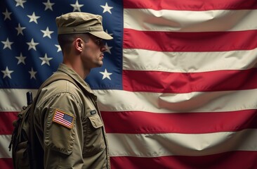 Soldier standing proudly with an American flag in the background during a military ceremony in the United States