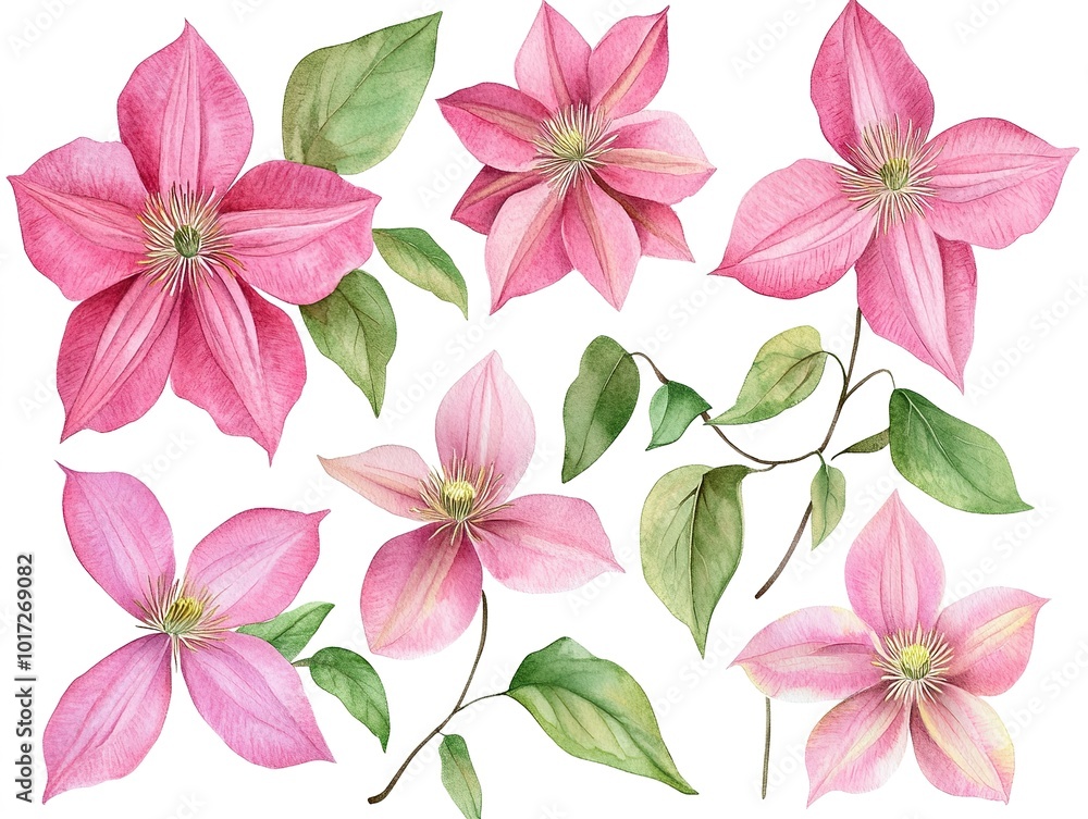 Wall mural  Set of clematis flowers watercolor clipart isolated on white background  