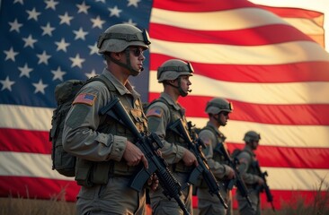 U.S. soldiers standing in formation with American flag in the background during sunset at a military training site