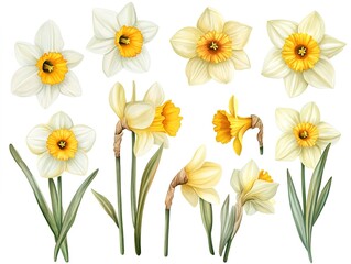 Fototapeta premium Set of daffodil flowers watercolor clipart isolated on white background 
