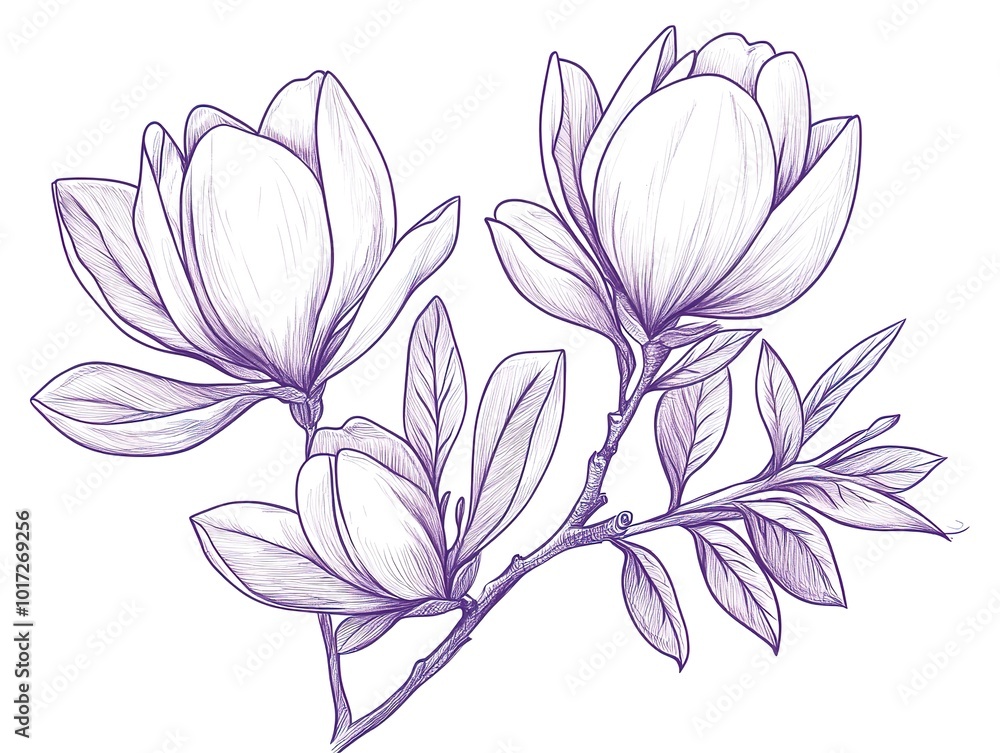 Wall mural Magnolia flowers drawing with line-art on white backgrounds. - 