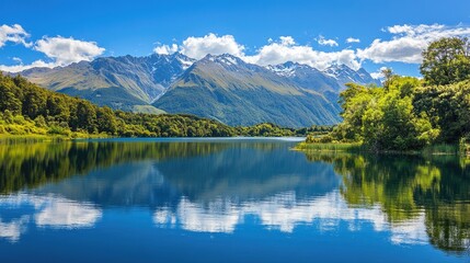 A peaceful mountain and lake scene with lush greenery, bright blue skies, and calm water reflecting the surrounding nature, perfect for travel