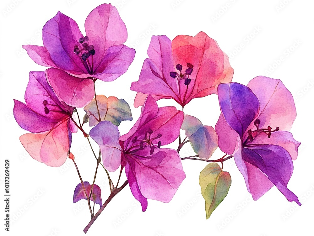 Canvas Prints Watercolor bougainvillea clipart featuring bright pink and purple flowers. on white background  