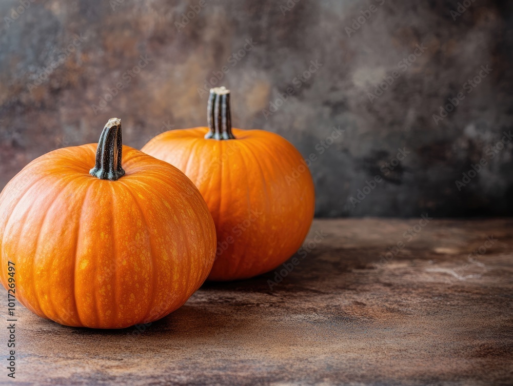 Aufkleber pumpkins on table with rustic background and empty space
