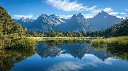 A scenic mountain landscape with a clear blue sky, lush greenery, and a calm lake reflecting the majestic peaks and trees, perfect for nature and travel