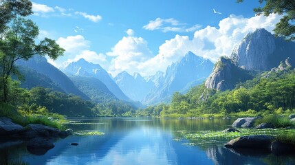 A scenic nature view with towering mountains, a calm reflective lake, green forests, and a bright blue sky, ideal for travel and outdoor themes