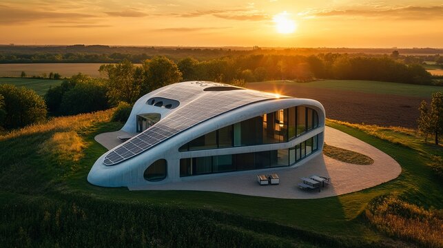 Isolated aerial drone shot, modern futuristic hyperbolic paraboloid sustainable design concrete eco home at sunset, golden hour, with photovoltaic solar panels. Minimalist, trendy, luxury, stylish 