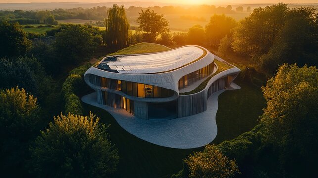 Isolated aerial drone shot, modern futuristic hyperbolic paraboloid sustainable design concrete eco home at sunset, golden hour, with photovoltaic solar panels. Minimalist, trendy, luxury, stylish 