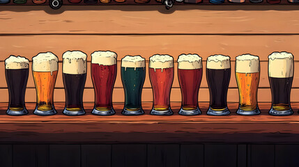 A lineup of various beer glasses on a wooden bar.