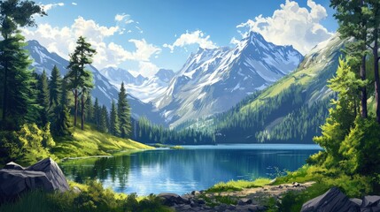 Fototapeta premium A beautiful mountain landscape with a calm lake, lush green forests, and a clear blue sky, creating a peaceful and scenic nature scene