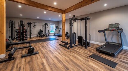 Obraz premium A renovated home gym with state-of-the-art exercise equipment and motivational decor 