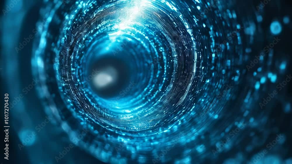Poster glowing blue particles swirl and shimmer in a futuristic tunnel, creating a captivating and otherwor