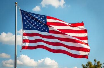 Obraz premium American flag waving against a clear sky with clouds in the background during the day in a serene outdoor setting