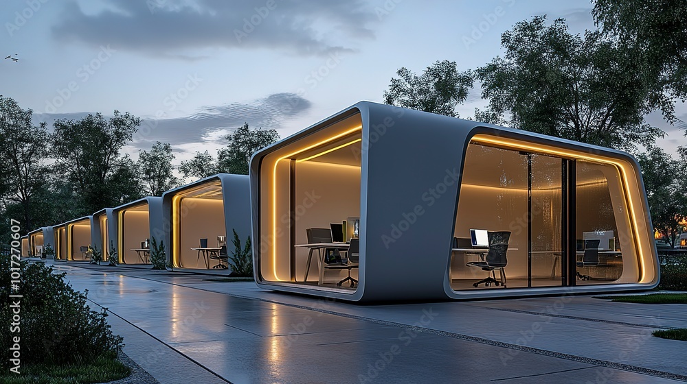 Canvas Prints Office building exterior, showing multiple small office pods with sharp corners outside an office area. 