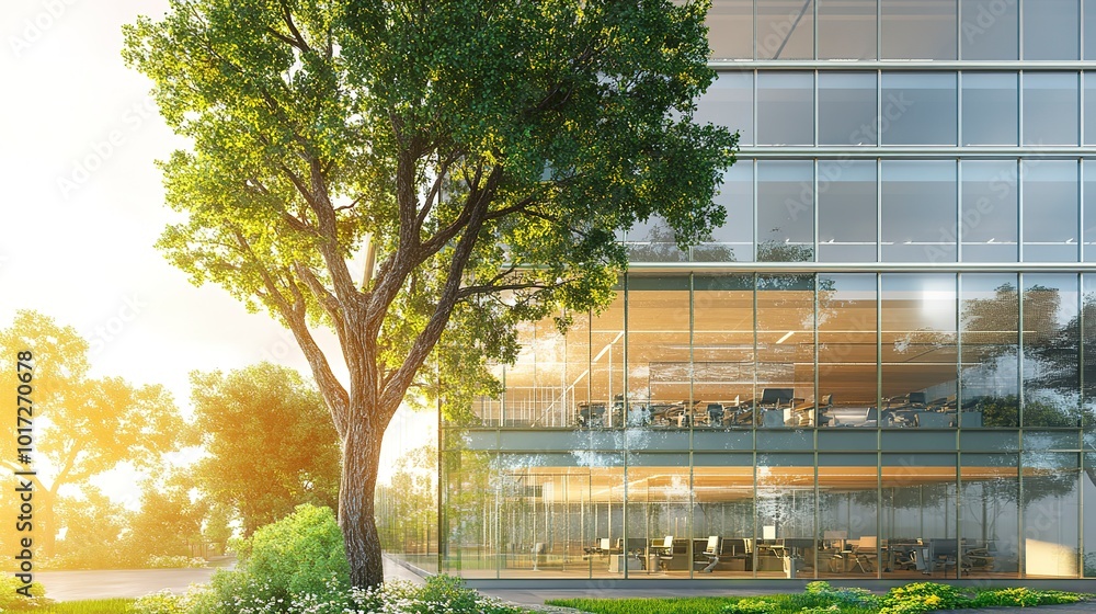 Sticker Modern eco city sustainable glass office building incorporating tree for carbon dioxide reduction 