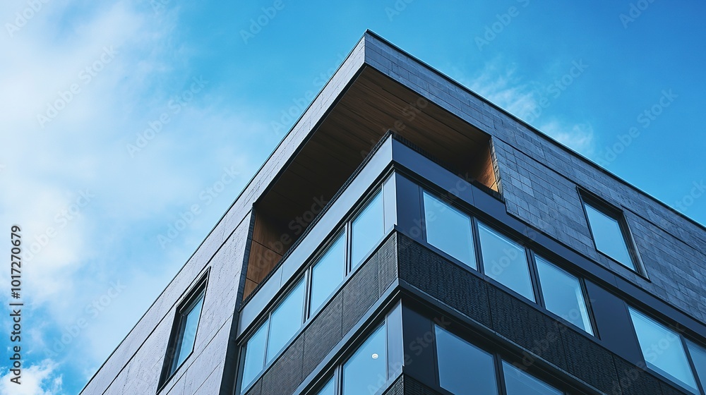 Poster modern office building facade with graphite cladding and large windows contemporary architecture