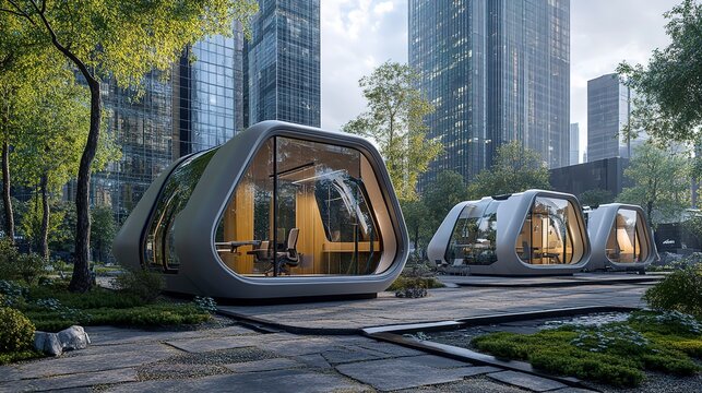 Office building exterior, showing multiple small office pods with sharp corners outside an office area. 