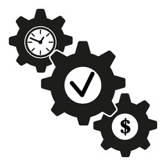 Gear checkmark icon. Time management cogwheel. Dollar system symbol. Black mechanical vector.