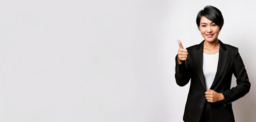 A Southeast Asian businesswoman is giving a thumbs up against a white background.