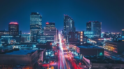 Obraz premium Aerial view of office buildings and traffic in downtown at night 