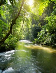 Glistening River Meandering Through a Dense Tropical Rainforest, With Vibrant Greenery Covering the Riverbanks and Bright Sunshine Streaming Through the Canopy