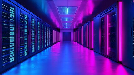 A modern data center illuminated with vibrant blue and pink lights.