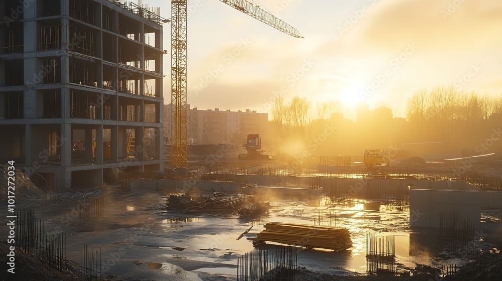 Wall mural modern concrete and steel building construction site in morning  